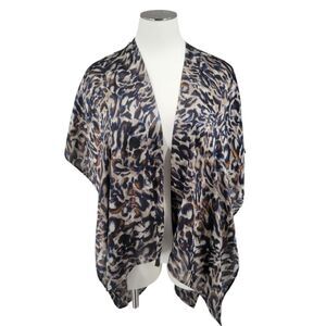 Chico's Chicos Leopard Print Brown Tan Blue Satin Poncho Wrap Women's